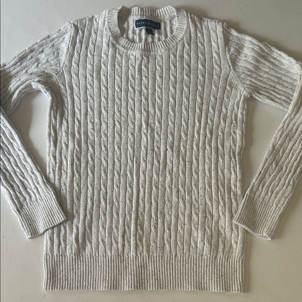 Karen Scott Light Gray Cable Knit Crewneck Sweater Preppy Boho Contemporary Sz S